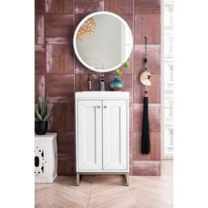 James Martin E303V20GWBNKWG Chianti 20 Inch Single Vanity Cabinet in Glossy White and Brushed Nickel with White Glossy Composite Countertop