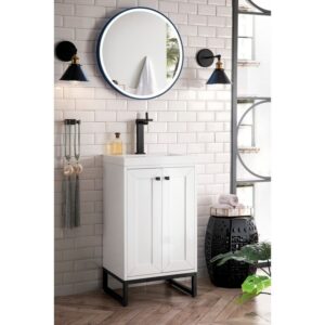 James Martin E303V20GWMBKWG Chianti 20 Inch Single Vanity Cabinet in Glossy White and Matte Black with White Glossy Composite Countertop