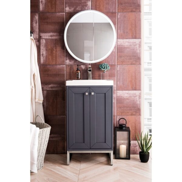 James Martin E303V20MGBNKWG Chianti 20 Inch Single Vanity Cabinet in Mineral Grey and Brushed Nickel with White Glossy Composite Countertop