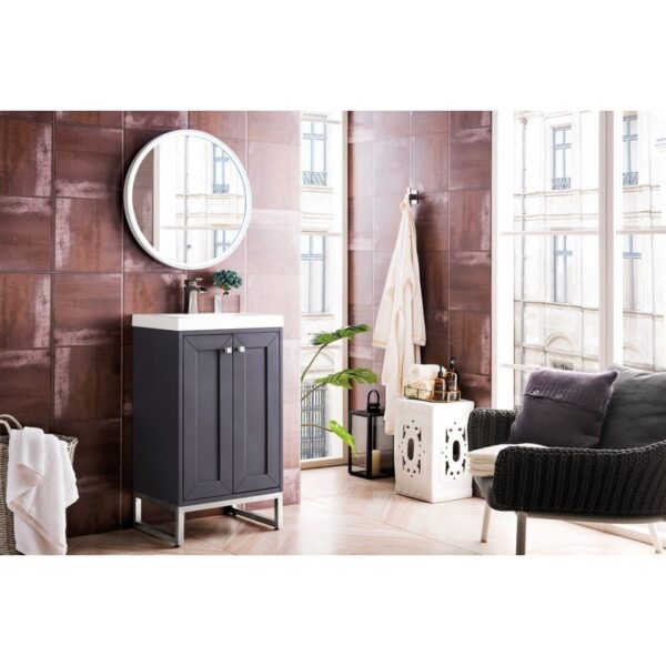 James Martin E303V20MGBNKWG Chianti 20 Inch Single Vanity Cabinet in Mineral Grey and Brushed Nickel with White Glossy Composite Countertop