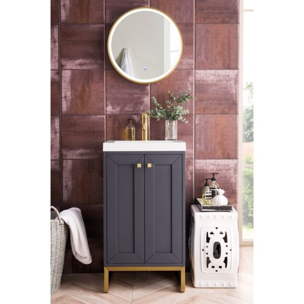 James Martin E303V20MGRGDWG Chianti 20 Inch Single Vanity Cabinet in Mineral Grey and Radiant Gold with White Glossy Composite Countertop