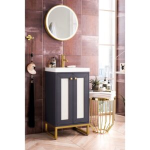 James Martin E303V20MGRGDWG Chianti 20 Inch Single Vanity Cabinet in Mineral Grey and Radiant Gold with White Glossy Composite Countertop