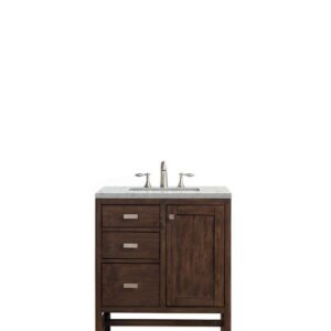 James Martin E444-V30-MCA-3EJP Addison 30 Inch Single Vanity Cabinet in Mid Century Acacia with 3 cm Eternal Jasmine Pearl Quartz Top with Sink