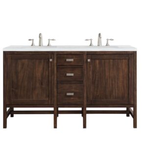 James Martin E444-V60D-MCA-3AF Addison 60 Inch Double Vanity Cabinet in Mid Century Acacia with 3 cm Arctic Fall Solid Surface Countertop with Sink