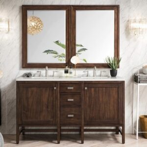 James Martin E444-V60D-MCA-3CAR Addison 60 Inch Double Vanity Cabinet in Mid Century Acacia with 3 cm Carrara White Top with Sink