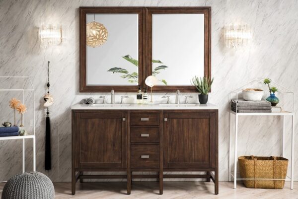 James Martin E444-V60D-MCA-3CAR Addison 60 Inch Double Vanity Cabinet in Mid Century Acacia with 3 cm Carrara White Top with Sink