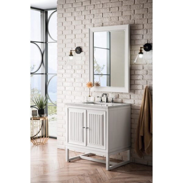 James Martin E645-V30-GW-3CAR Athens 30 Inch Single Vanity Cabinet in Glossy White with 3 CM Carrara White Top