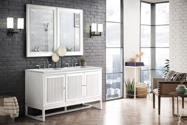 James Martin E645-V60D-GW-3ENC Athens 60 Inch Double Vanity Cabinet with Ethereal Noctis Top - Glossy White