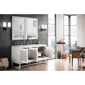 James Martin E645-V60D-GW-3WZ Athens 60 Inch Double Vanity Cabinet in Glossy White with 3cm White Zeus Quartz Top