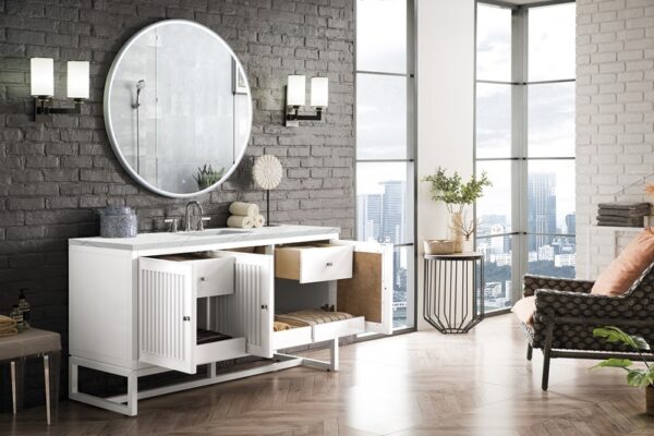 James Martin E645-V60S-GW-3ENC Athens 60 Inch Single Vanity Cabinet with Ethereal Noctis Top - Glossy White