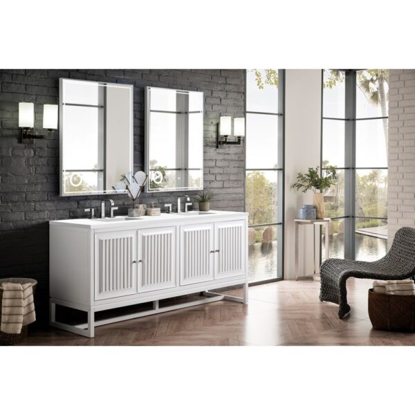 James Martin E645-V72-GW-3WZ Athens 72 Inch Double Vanity Cabinet in Glossy White with 3cm White Zeus Quartz Top