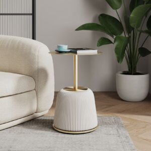 Manhattan Comfort Modern Anderson End Table 1.0 Upholstered in Cream Leatherette with Gold Tabletop