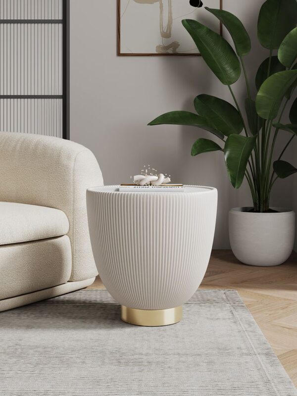 Manhattan Comfort Modern Anderson End Table 2.0 Upholstered in Cream Leatherette with Ceramic Faux Marble Tabletop