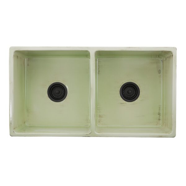 Nantucket Sinks FCFS3318D-ShabbyGreen Vineyard Double Bowl Farmhouse Fireclay Sink in Shabby Green Finish