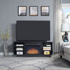 Manhattan Comfort Brighton 60" Fireplace with Glass Shelves and Media Wire Management in Onyx