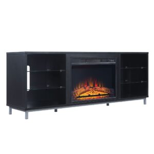 Manhattan Comfort Brighton 60" Fireplace with Glass Shelves and Media Wire Management in Onyx