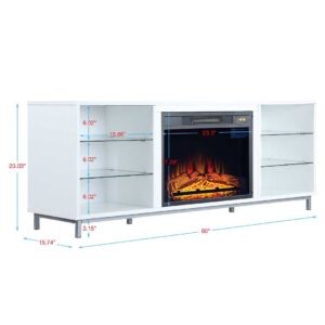 Manhattan Comfort Brighton 60" Fireplace with Glass Shelves and Media Wire Management in White