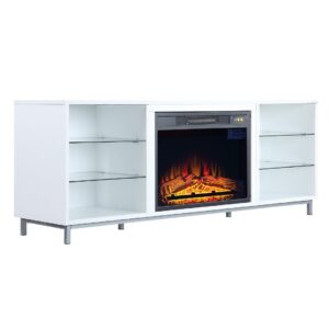 Manhattan Comfort Brighton 60" Fireplace with Glass Shelves and Media Wire Management in White