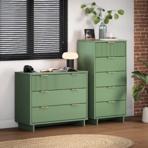 Manhattan Comfort 2-Piece Granville Modern Solid Wood Tall Narrow and Standard Dresser Set in Sage Green