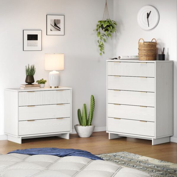 Manhattan Comfort 2-Piece Granville Modern Solid Wood Tall Chest and Standard Dresser Set in White