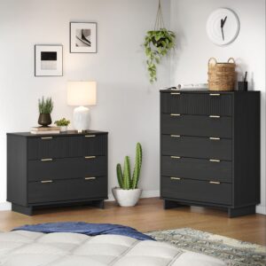 Manhattan Comfort 2-Piece Granville Modern Solid Wood Tall Chest and Standard Dresser Set in Dark Grey