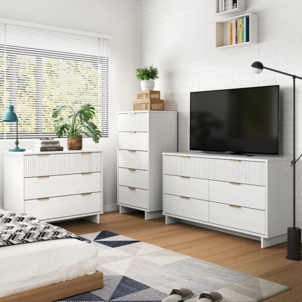 Manhattan Comfort 3-Piece Granville Modern Solid Wood Tall Narrow Chest, Double Dresser Set and Standard Dresser Set in White