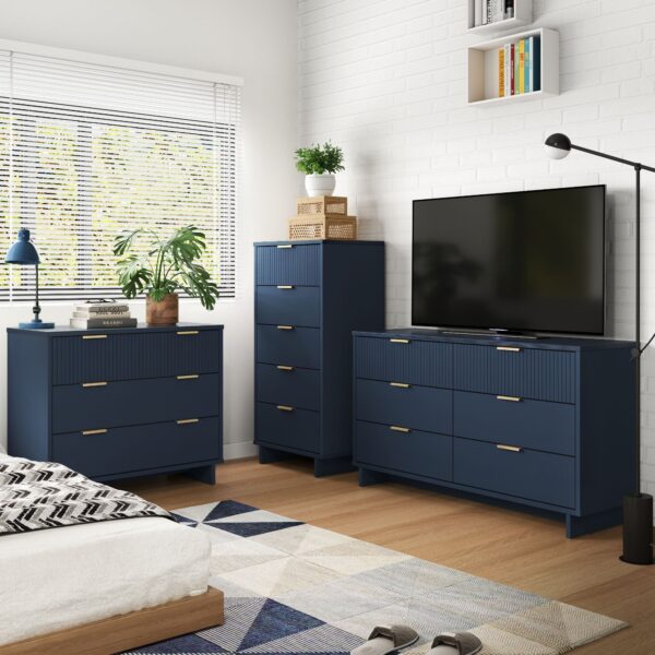 Manhattan Comfort 3-Piece Granville Modern Solid Wood Tall Narrow Chest, Double Dresser Set and Standard Dresser Set in Midnight Blue