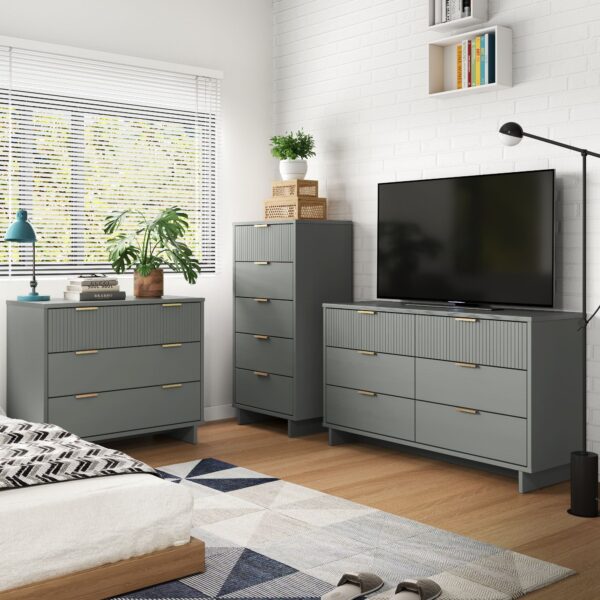 Manhattan Comfort 3-Piece Granville Modern Solid Wood Tall Narrow Chest, Double Dresser Set and Standard Dresser Set in Light Grey