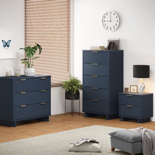 Manhattan Comfort 3-Piece Granville Modern Solid Wood Standard Dresser, Tall Narrow Chest and Nightstand Set in Midnight Blue