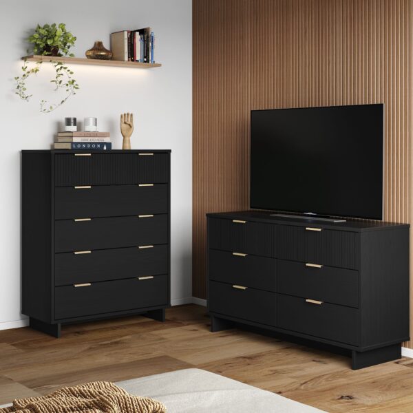 Manhattan Comfort 2-Piece Granville Modern Solid Wood Tall Chest and Double Dresser Set in Black