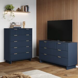 Manhattan Comfort 2-Piece Granville Modern Solid Wood Tall Chest and Double Dresser Set in Midnight Blue