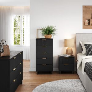 Manhattan Comfort 3-Piece Granville Modern Solid Wood Tall Narrow Chest, Double Dresser, and Nightstand Set in Black