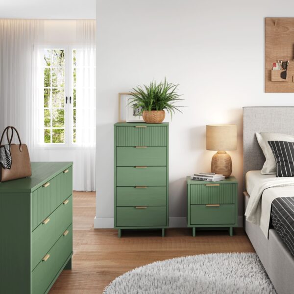 Manhattan Comfort 3-Piece Granville Modern Solid Wood Tall Narrow Chest, Double Dresser, and Nightstand Set in Sage Green