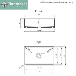 Nantucket Sinks HZ-TPS33W-ST1 Cape 33 Inch Single Bowl Fireclay Undermount and Apron Kitchen Sink - White