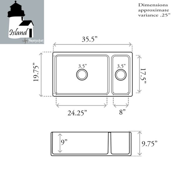 Nantucket Sinks ISFCGW35X19DBSO Island 35 1/2 Inch Double Bowl Fireclay Undermount and Apron Kitchen Sink - White