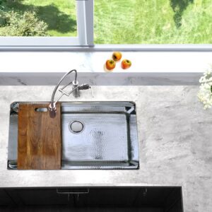 Nantucket Sinks KSSH-PS-3220 Brightwork Collection 32 Inch Hand Hammered Kitchen Sink with Acacia Wood Cutting Board