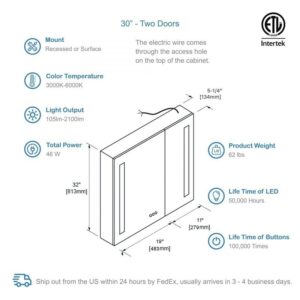 Blossom MCL1 3032 Pillar 30 Inch LED Medicine Cabinet