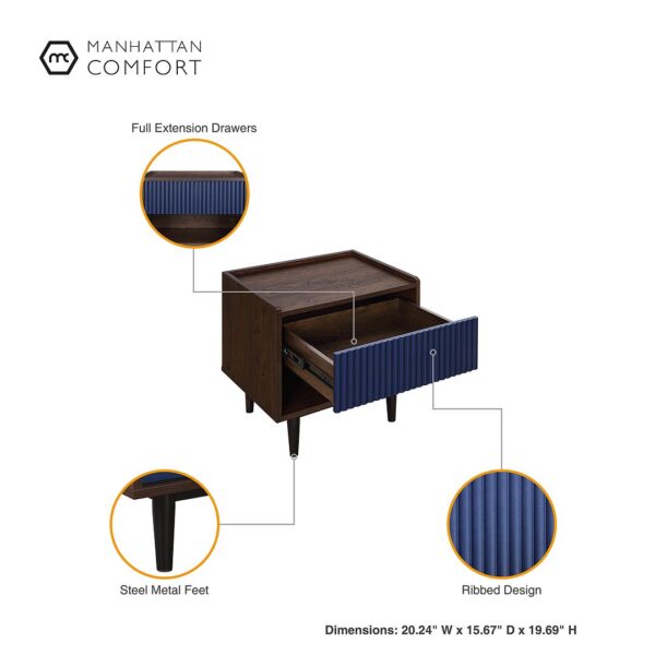 Manhattan Comfort Duane Modern Ribbed Nightstand with Full Extension Drawer in Dark Brown and Navy Blue