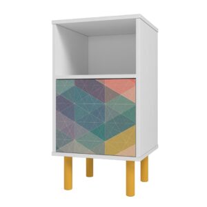 Manhattan Comfort Mid-Century Modern Retro Nightstand with 2 Shelves in White and Multi Color Red, Yellow, Blue Print