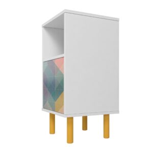 Manhattan Comfort Mid-Century Modern Retro Nightstand with 2 Shelves in White and Multi Color Red, Yellow, Blue Print