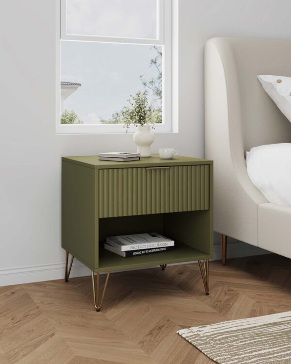 Manhattan Comfort DUMBO 1.0 Modern Nightstand with 1 Drawer and Metal Feet in Olive Green