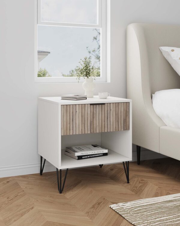 Manhattan Comfort DUMBO 1.0 Modern Nightstand with 1 Drawer and Metal Feet in White and Rustic Grey