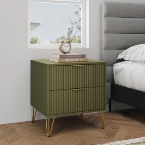 Manhattan Comfort DUMBO 2.0 Modern Nightstand with 2 Drawer and Metal Feet in Olive Green