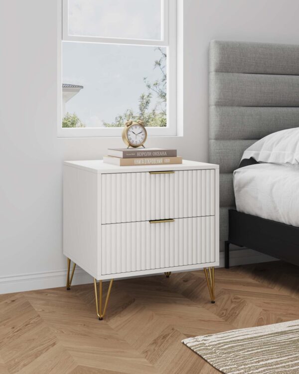 Manhattan Comfort DUMBO 2.0 Modern Nightstand with 2 Drawer and Metal Feet in White