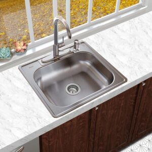 Nantucket Sinks NS2522-8 25 Inch Rectangle Single Bowl Self Rimming Stainless Steel Drop In Kitchen Sink, 18 Gauge