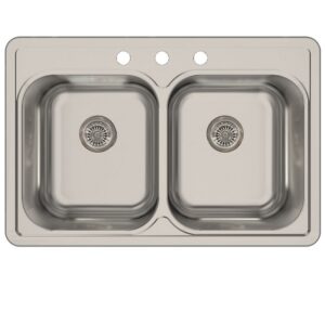 Nantucket Sinks NS3322-DE 33 Inch Double Bowl Equal Self Rimming Stainless Steel Drop In Kitchen Sink