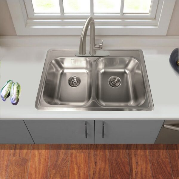 Nantucket Sinks NS3322-DE 33 Inch Double Bowl Equal Self Rimming Stainless Steel Drop In Kitchen Sink