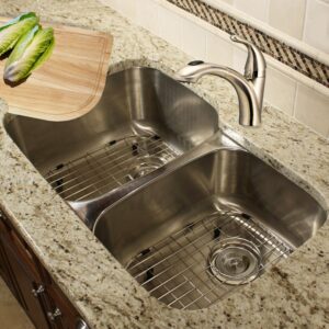 Nantucket Sinks NS503-16-CB 60/40 Double Bowl 16 Gauge Kitchen Sink with Cutting Board, Grids and Colander Drains