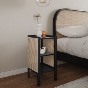 Manhattan Comfort Versailles End Table in Black and Natural Cane