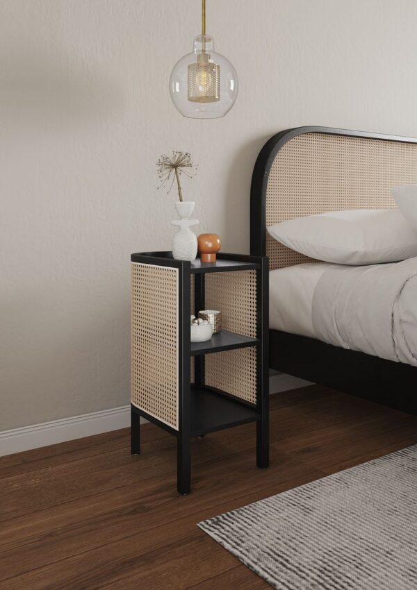 Manhattan Comfort Versailles End Table in Black and Natural Cane